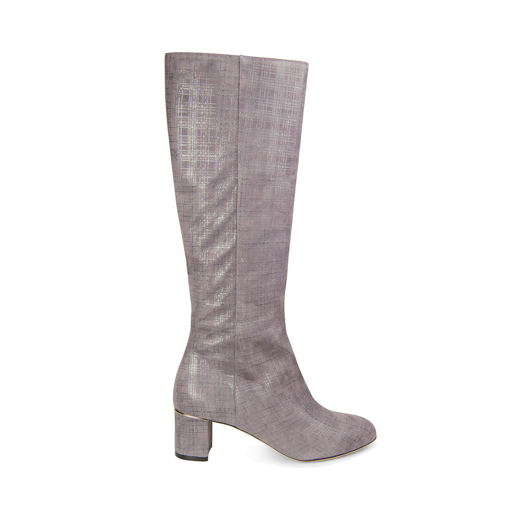 Knee-high light purple boots with a low heel